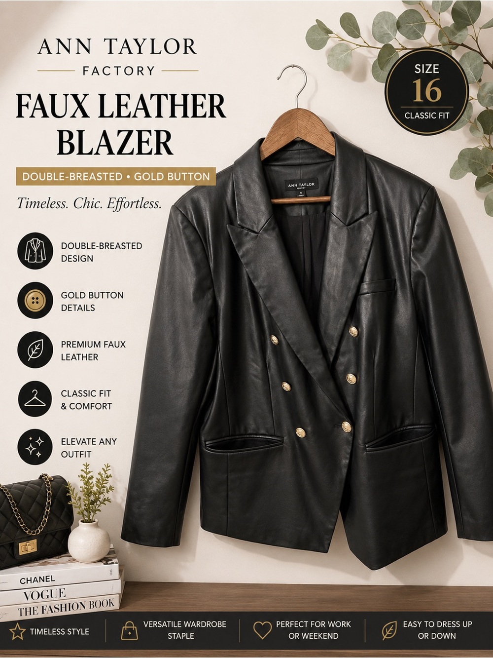 Ann Taylor Factory Faux Leather Blazer Size 16 Black Double Breasted Gold Button